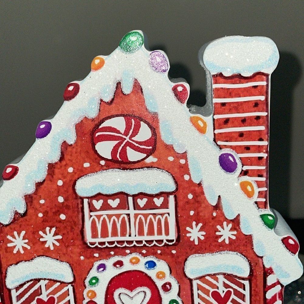 New Eccolo snow red gingerbread house glitter home decoration wooden accent - Picture 4 of 7
